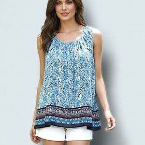 ⛵Charter Club Blue and White Floral Sleeveless Top W/ Red Floral Hem